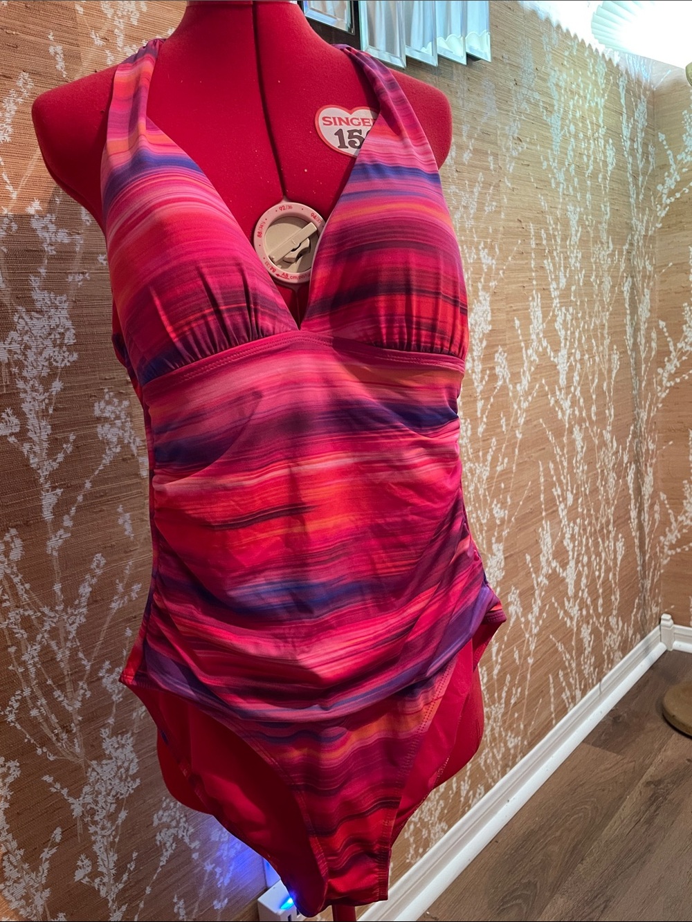 Lauren Ralph Lauren Pink and Red Halter-Style Striped One-Piece Swimsuit